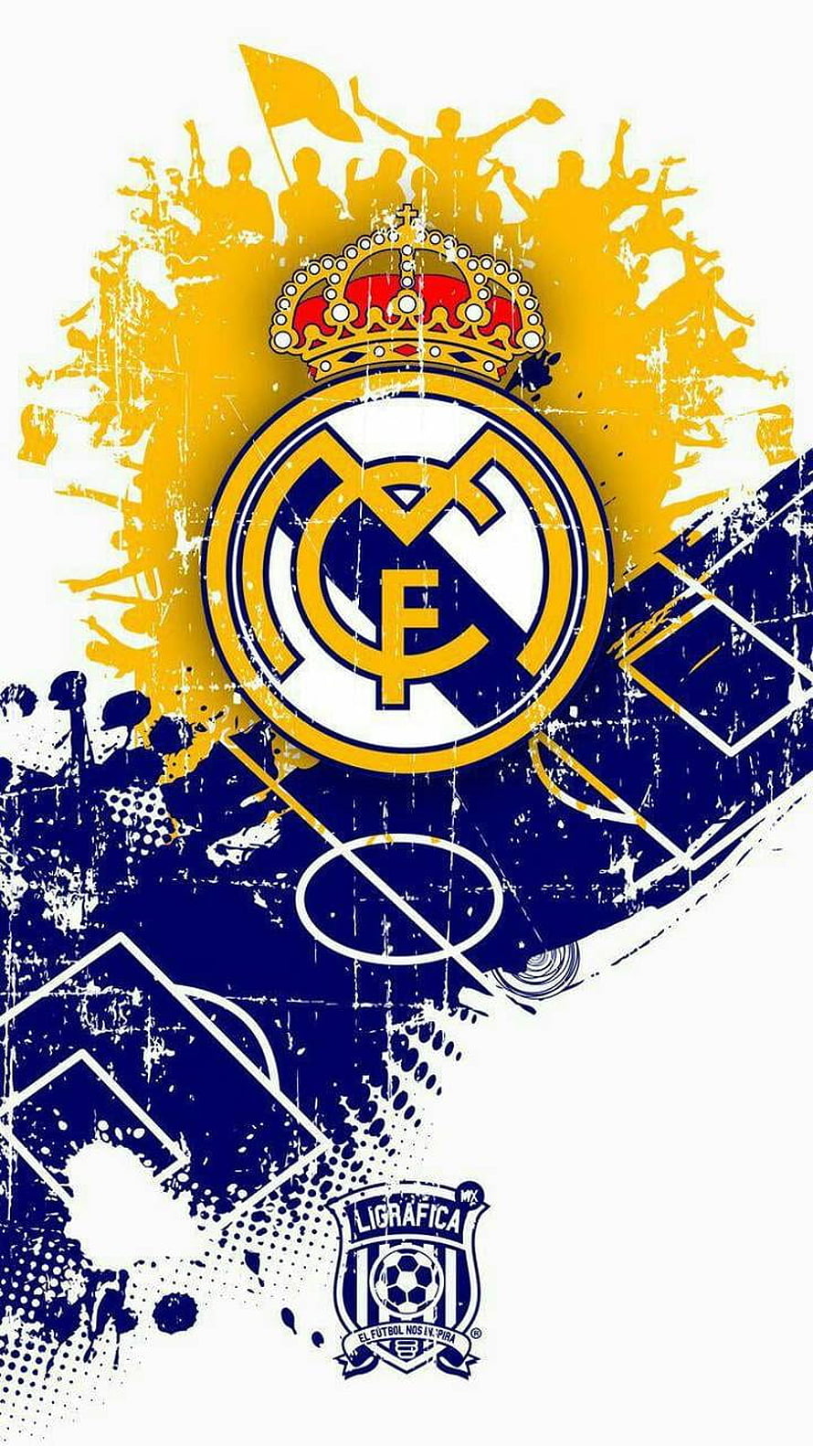 Real Madrid Club Crest with Grunge Texture and Football Field Elements HD phone wallpaper