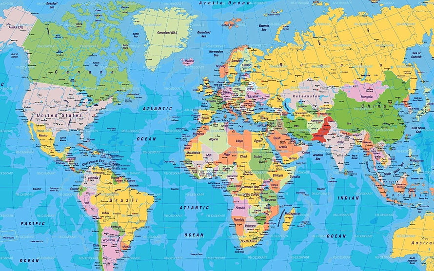 Detailed Political World Map with Country Borders and Ocean Labels HD wallpaper
