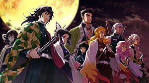 Demon Slayer Hashira Group Portrait Under a Glowing Full Moon HD wallpaper