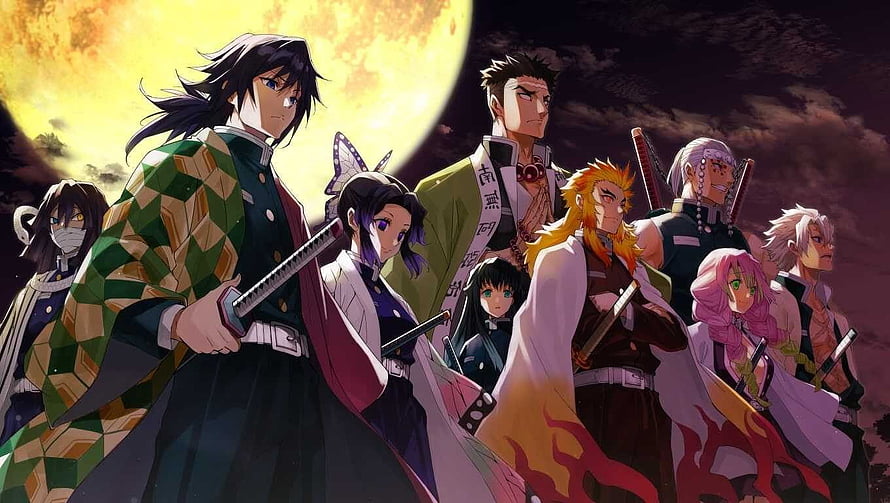 Demon Slayer Hashira Group Portrait Under a Glowing Full Moon HD wallpaper