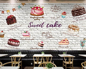 Hand-drawn dessert menu mural on white brick wall for cafe and bakery interior decor HD wallpaper