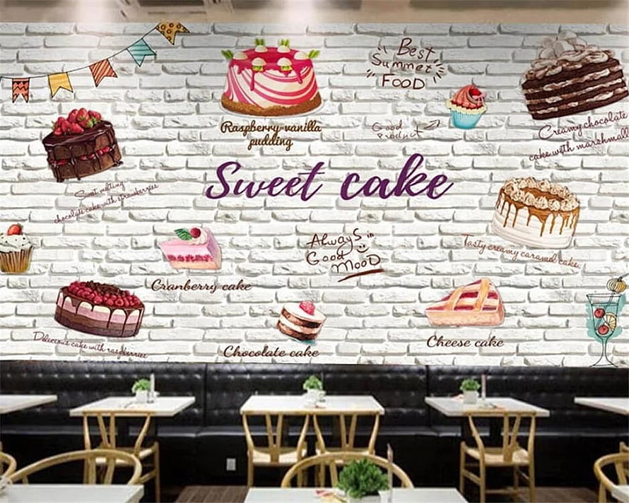 Hand-drawn dessert menu mural on white brick wall for cafe and bakery interior decor HD wallpaper