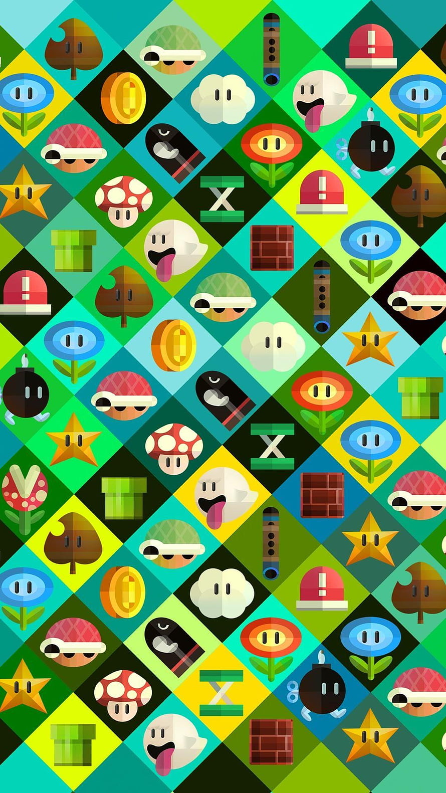 Super Mario Bros Icon Pattern Wallpaper Featuring Classic Characters and Power-Ups HD phone wallpaper