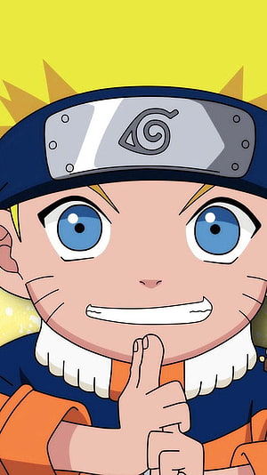 Cute Chibi Naruto Uzumaki Portrait with Hidden Leaf Headband and Finger Gesture HD phone wallpaper