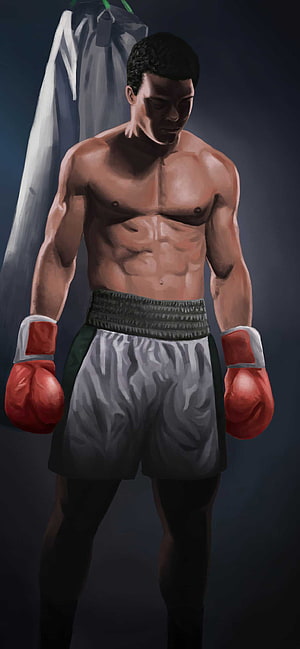 Muhammad Ali Digital Painting: Muscular Boxer in Red Gloves and White Trunks HD phone wallpaper