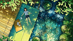 Anime Girl Lying on Bamboo Platform by Stream in Lush Green Forest HD wallpaper