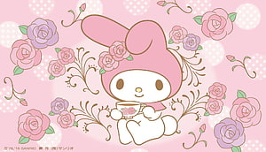 My Melody Holding Floral Teacup Amidst Pink Roses and Vintage Floral Patterns HD wallpaper