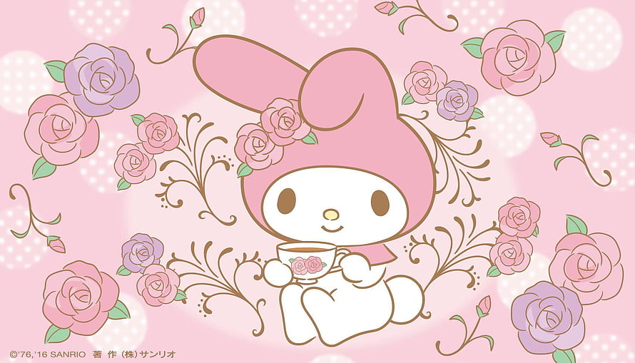 My Melody Holding Floral Teacup Amidst Pink Roses and Vintage Floral Patterns HD wallpaper