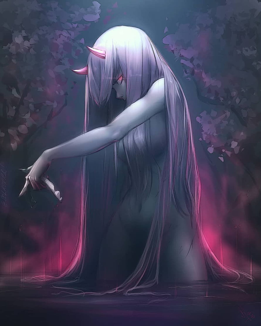 Pale Horned Anime Woman with Long Silver Hair in Dark Fantasy Setting, anime egirl, anime e girl HD phone wallpaper