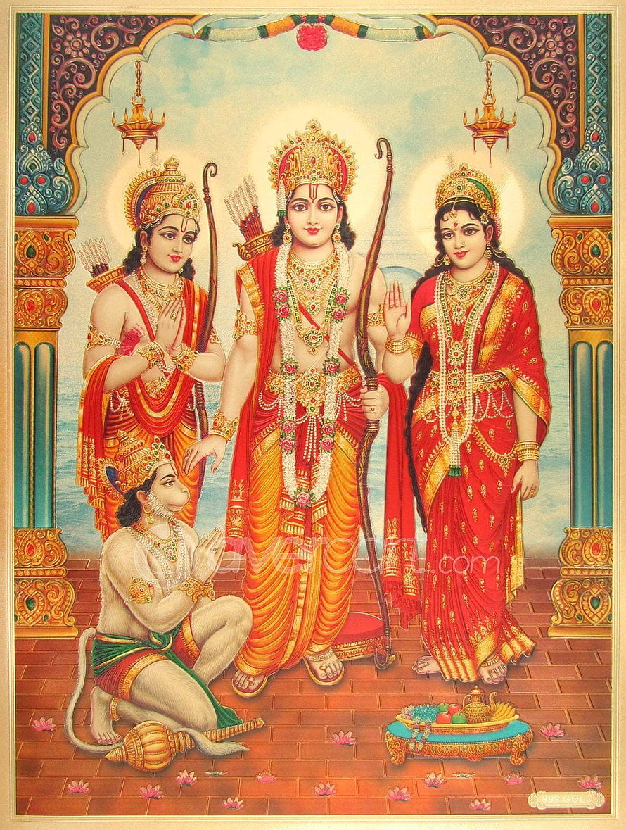 Sri Ram Darbar with Sita, Lakshmana, and Hanuman in Traditional Indian Temple Art HD phone wallpaper