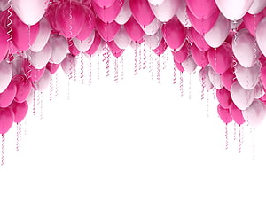 Pink and White Balloon Arch Frame with Curling Ribbons on White Background HD wallpaper