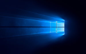 Windows 10 Dark Blue Glowing Window Logo with Light Rays on Black Background HD wallpaper