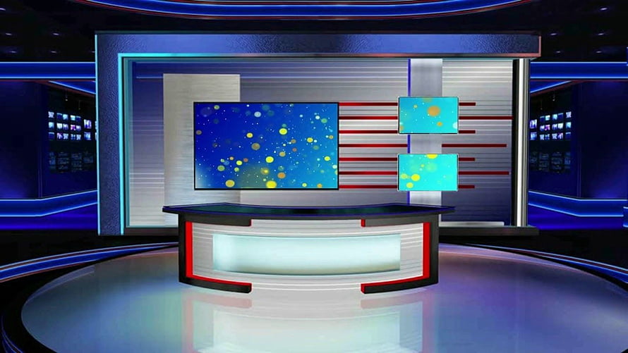 Modern Virtual News Studio Set with Blue LED Lighting and Digital Screens HD wallpaper