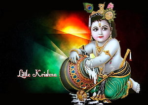Little Krishna Stealing Butter from a Pot in Traditional Indian Art HD wallpaper