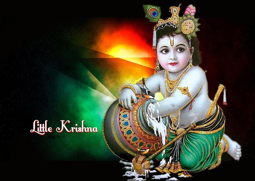 Little Krishna Stealing Butter from a Pot in Traditional Indian Art HD wallpaper