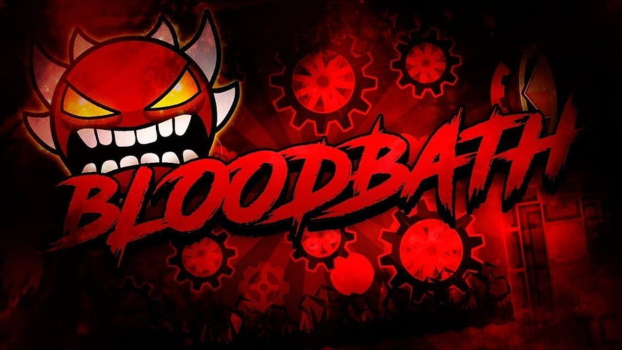 Bloodbath Geometry Dash Level Logo With Fiendish Red Demon Mascot And Gears HD wallpaper