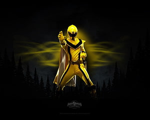 Yellow Ranger from Power Rangers Mystic Force in a dark forest with glowing energy effects HD wallpaper