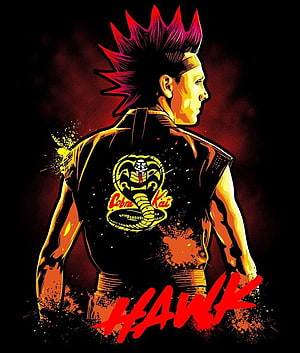 Cobra Kai Hawk Character Artwork with Red Mohawk and Dojo Logo HD phone wallpaper