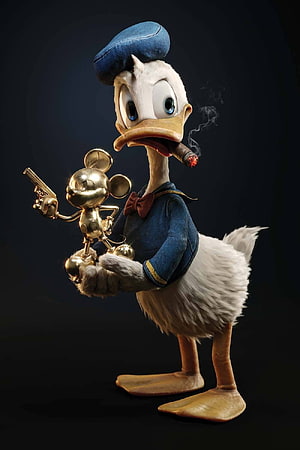 Donald Duck in a moody cinematic portrait holding a golden Mickey Mouse figurine and smoking a cigar HD phone wallpaper