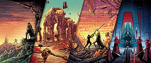 Star Wars The Last Jedi Comic Art Collage Featuring AT-AT Walker and Sith Throne Room HD wallpaper