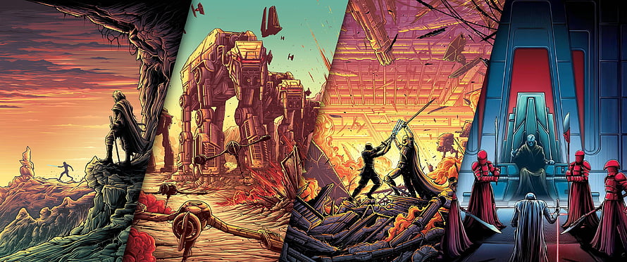 Star Wars The Last Jedi Comic Art Collage Featuring AT-AT Walker and Sith Throne Room HD wallpaper