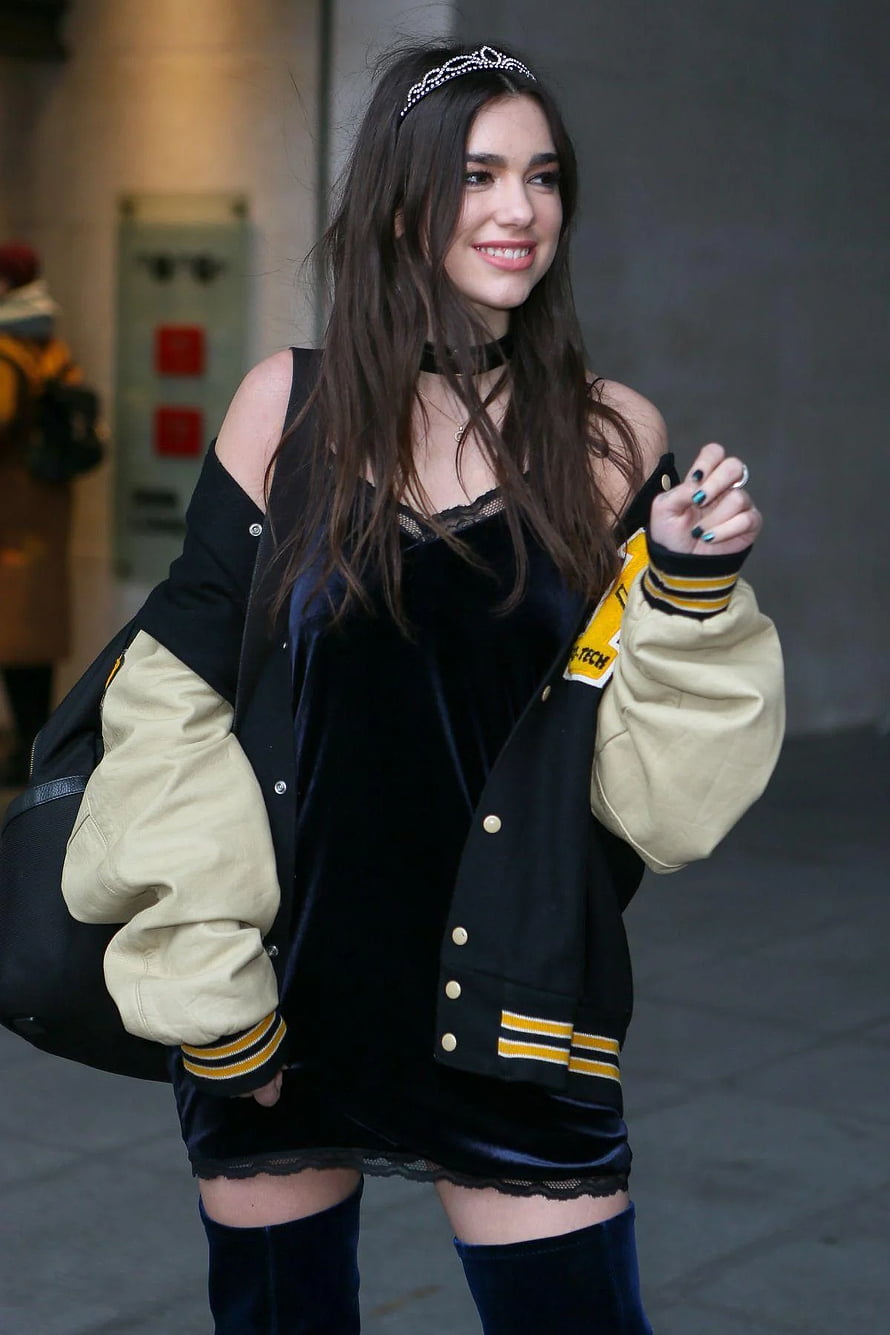 Dua Lipa in Black Velvet Dress and Letterman Jacket with Headband HD phone wallpaper