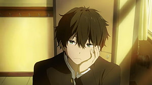 Houtarou Oreki from Hyouka in a contemplative pose with warm golden lighting HD wallpaper