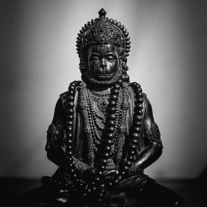 Black and White Hanuman Statue in Meditation Pose with Mala Beads and Ornate Crown, hanuman meditation, #Hanuman HD phone wallpaper