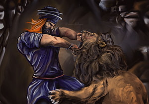 Hari Singh Nalwa Wrestling a Lion in Dramatic Digital Art HD wallpaper