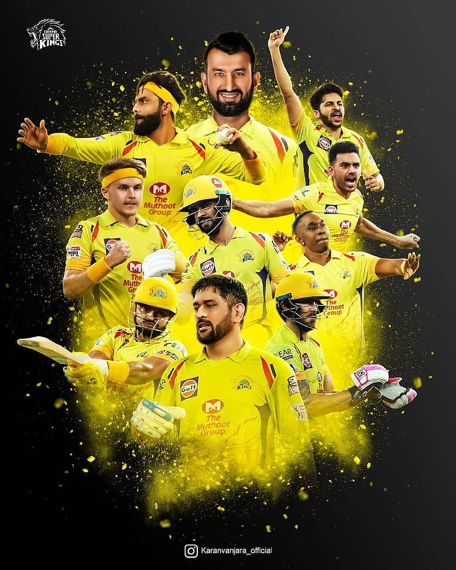 Chennai Super Kings Cricket Team Composite Artwork in Yellow Uniforms HD phone wallpaper