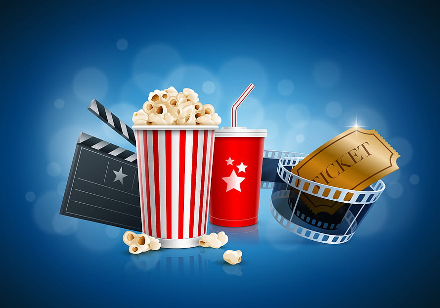Cinema Night Essentials: Popcorn, Soda, Clapperboard, and Movie Ticket on Blue Background HD wallpaper