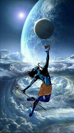 Lord Shiva Cosmic Dance with Trishul and Damaru in Celestial Clouds HD phone wallpaper