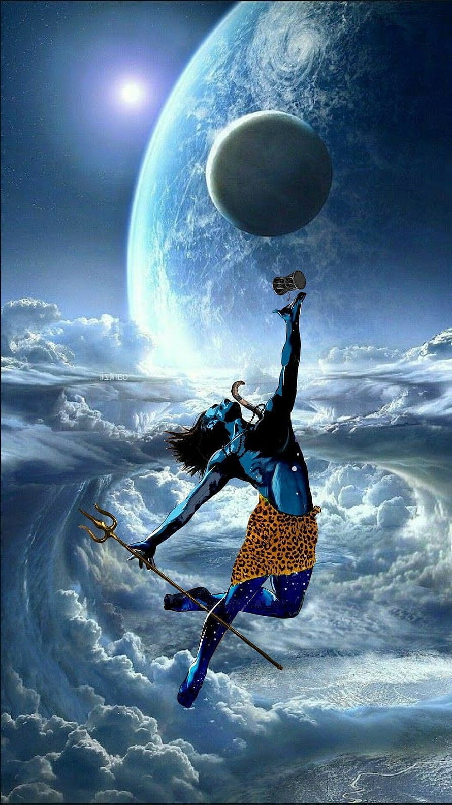 Lord Shiva Cosmic Dance with Trishul and Damaru in Celestial Clouds HD phone wallpaper