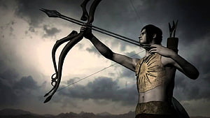 Karna Drawing His Bow Against a Stormy Sky in Mahabharata Epic Art HD wallpaper