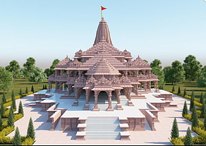Ayodhya Ram Mandir Architectural Rendering with Red Flag and Landscaped Gardens HD wallpaper