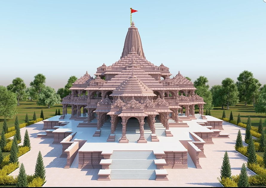 Ayodhya Ram Mandir Architectural Rendering with Red Flag and Landscaped Gardens HD wallpaper