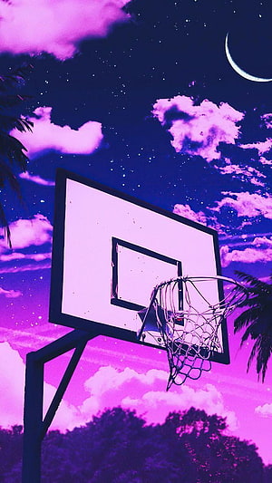 Dreamy Purple Basketball Hoop Under Starry Night Sky with Crescent Moon and Palm Trees HD phone wallpaper