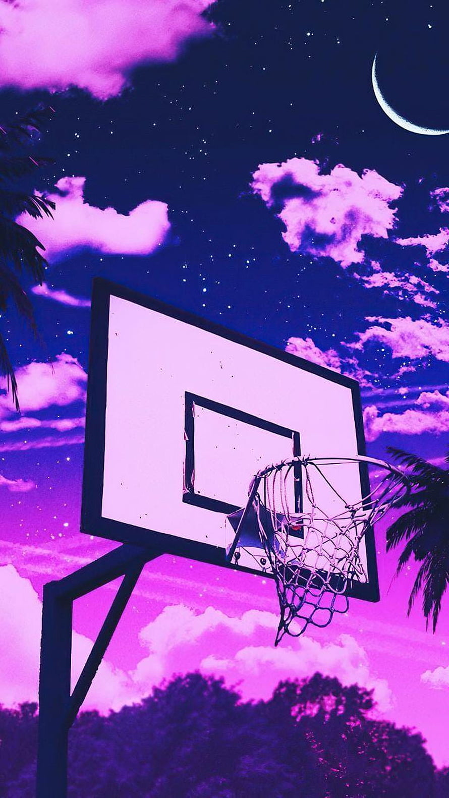Dreamy Purple Basketball Hoop Under Starry Night Sky with Crescent Moon and Palm Trees HD phone wallpaper