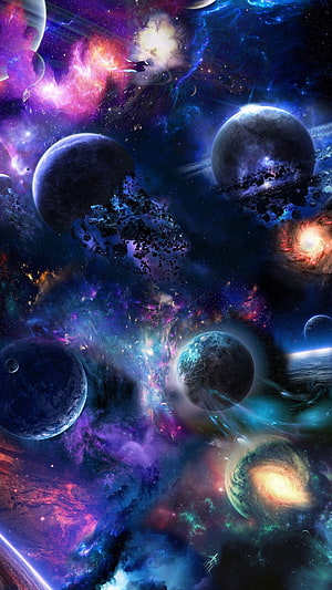 Vibrant Cosmic Nebulae and Distant Planets in Deep Space Digital Art HD phone wallpaper
