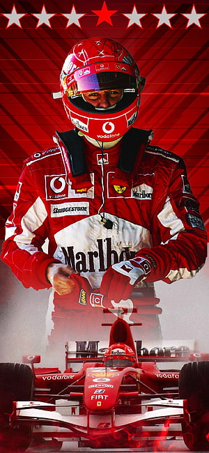 Michael Schumacher in Ferrari Racing Suit with Formula One Car and Championship Stars HD phone wallpaper