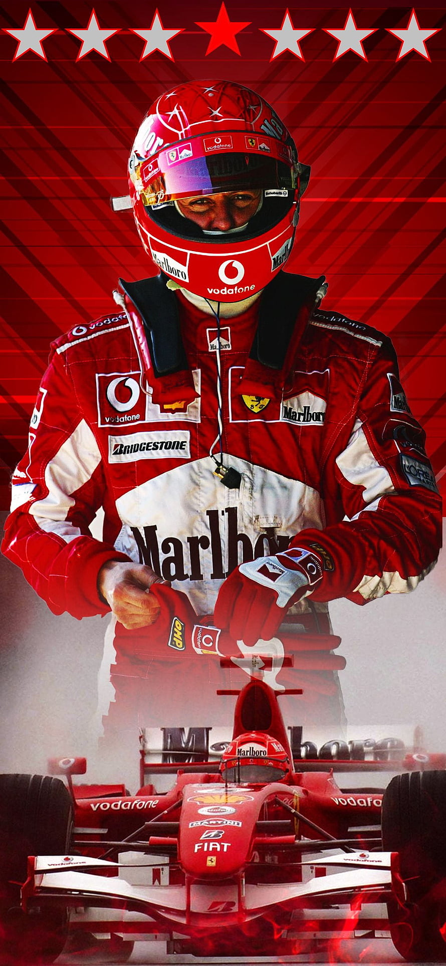 Michael Schumacher in Ferrari Racing Suit with Formula One Car and Championship Stars HD phone wallpaper