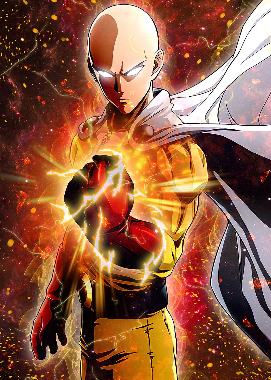 One Punch Man Saitama Channeling Cosmic Energy in Dramatic Anime Illustration HD phone wallpaper