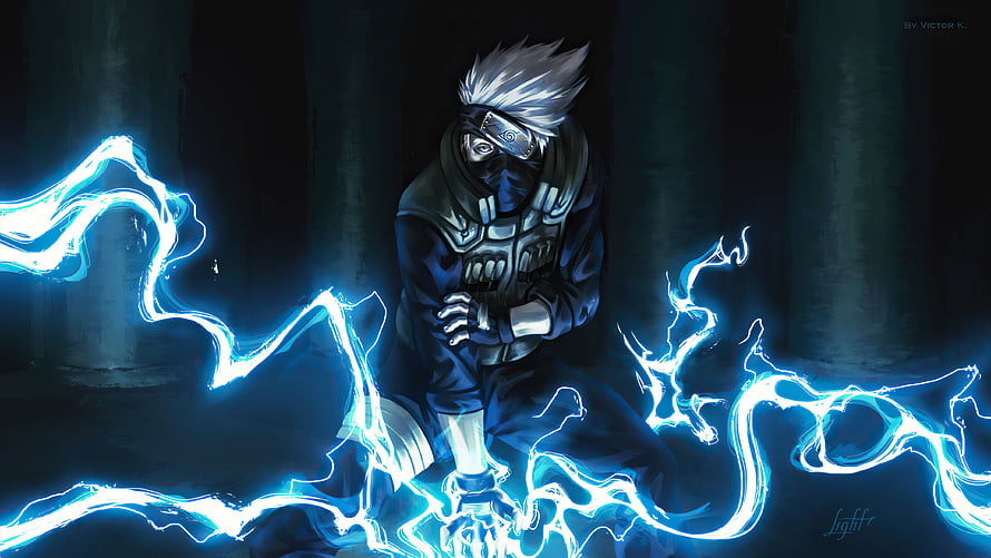 Kakashi Hatake Channeling Chidori Lightning in Dark Anime Illustration HD wallpaper