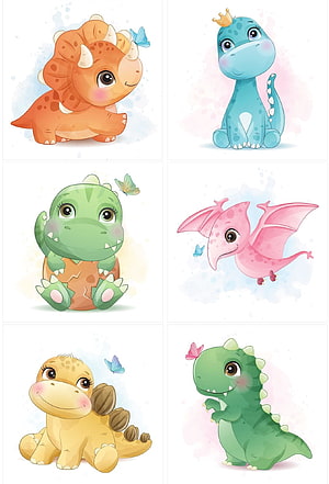 Cute Baby Dinosaur Character Set with Butterflies and Watercolor Background HD phone wallpaper