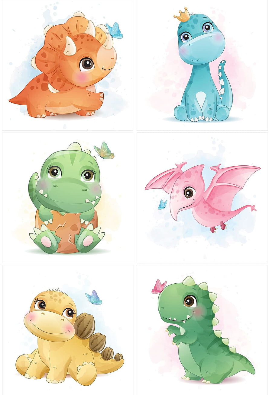 Cute Baby Dinosaur Character Set with Butterflies and Watercolor Background HD phone wallpaper