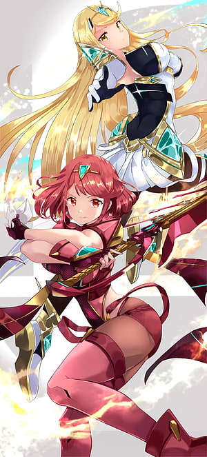 Pyra and Mythra in Dynamic Action Poses with Elemental Weapons HD phone wallpaper