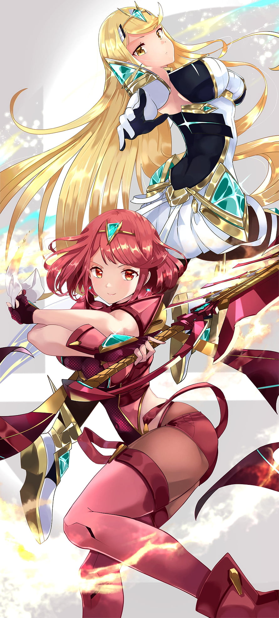 Pyra and Mythra in Dynamic Action Poses with Elemental Weapons HD phone wallpaper
