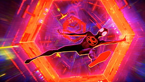 Miles Morales Spider-Man Soaring Through Neon Multiverse Tunnel in Across the Spider-Verse HD wallpaper