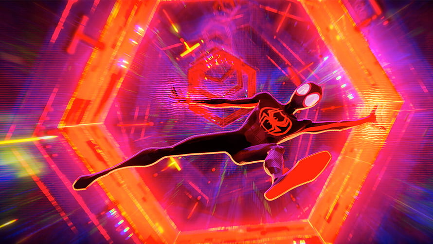 Miles Morales Spider-Man Soaring Through Neon Multiverse Tunnel in Across the Spider-Verse HD wallpaper