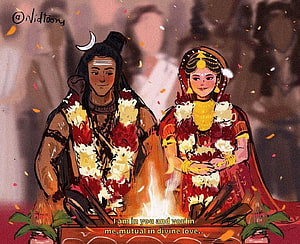 Shiva and Parvati Wedding Illustration with Sacred Fire and Floral Garlands HD wallpaper